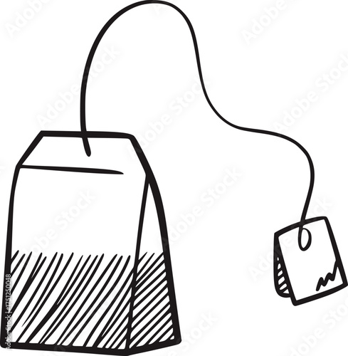 Black and white line drawing of a tea bag with string and tag vector