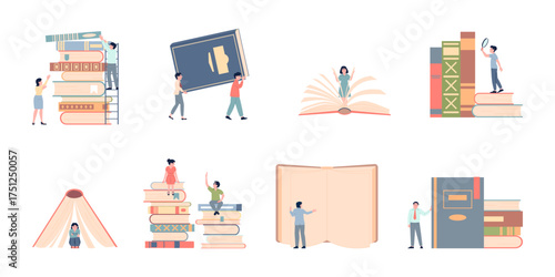 People and giant books. Book lovers characters, adults, teens with textbooks. Education, imagination training, lifestyle and hobby, recent vector scene