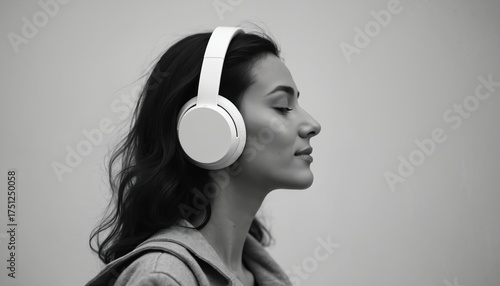 Stylish woman with white noise canceling headphones on. She enjoys music with eyes closed. Face side view. Black and white photo. Woman in gray hoodie listens to audio.