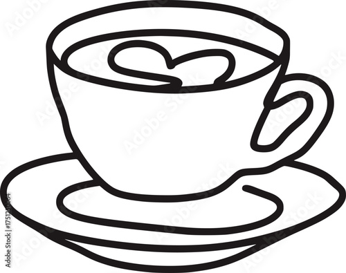 Black and white line drawing of coffee cup with heart saucer drink