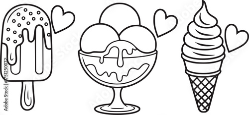 Black and white line drawing of ice cream treats and hearts popsicle sundae