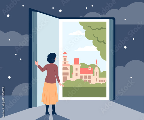 Book knowledge concept. Woman open new worlds with reading. Female character looking in giant book in fantasy story, imagination recent vector scene