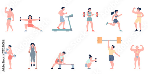 People bodybuilders. Muscular male and female characters training in gym and posing. Athletes doing exercises, fitness characters recent vector set