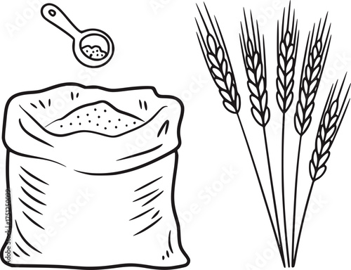Black and white line drawing of wheat ears and flour sack scoop