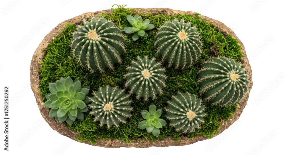 Fototapeta premium Round arrangement of small cacti and succulents in a woven basket isolated on transparent background