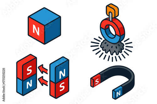 Magnet Types and Forces. Isometric vector illustration set Magnet Types and Forces: neodymium magnet cube, ring magnet lift,