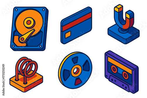Magnetic Storage Tech Icons. Isometric vector illustration set Magnetic Storage and Tech: hard disk magnet head, magnetic stripe