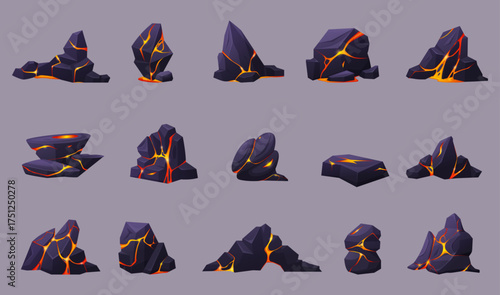 Lava rocks. Dark broken stones with cracks and flowing magma. Hot flows in mountain rock, geology elements. Volcanic elements nowaday vector set