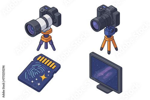 Astrophotography Gear Icons. Isometric vector illustration set Astrophotography Equipment: camera mounted on telescope, tripod