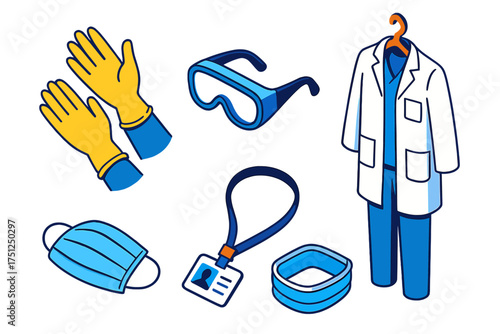 Medical Lab Wear. Isometric vector illustration set Medical Lab Wear: sterile gloves being worn, transparent goggles on table,