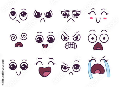 Comic cartoon emotions. Isolated emotional expressions. Face crying, angry, tired, happy, smile. Various characters design kit, vector flat clipart
