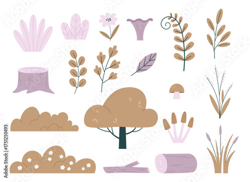 Forest elements. Autumn nature landscape set. Cartoon tree, mushroom, plants, wood, bushes and flower. Natural doodle style vector clipart