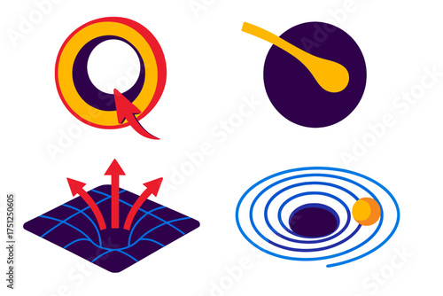 Event Horizon Icons. Isometric vector illustration set Event Horizon Physics: threshold ring of no return, light ray curving