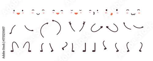 Simple cartoon hands legs face. Kawaii style face elements, cute emotions. Feet and arms in various poses for different characters, vector clipart