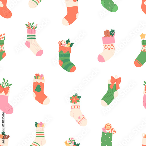 Socks seamless pattern. Christmas wool sock, winter holidays home decorations and accessories. Xmas new year gifts, sweets, candies, vector background