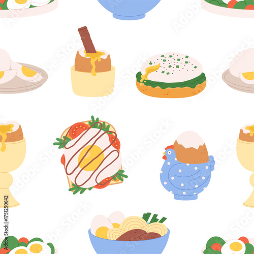 Tasty food seamless pattern. Noodles, eggs, sandwich with vegetables and toast. Cartoon nutrition, cafe bar breakfast meals, vector background
