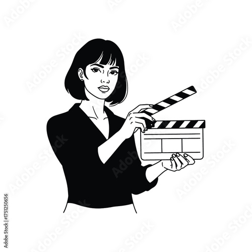 Vector art of black and white illustration of a woman holding a film clapperboard
