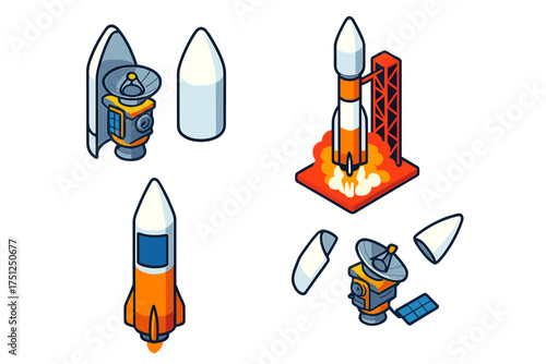 Space Probe Launch Phases. Isometric vector illustration set Space Probe Launch Phase: probe inside rocket fairing, dish folded,