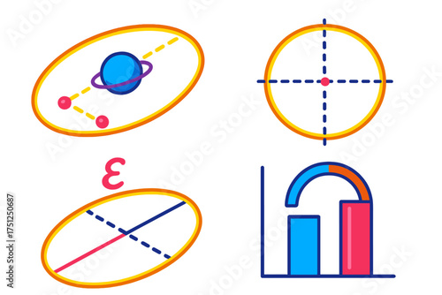 Elliptical Orbit Geometry. Isometric vector illustration set Ellipse Orbit Geometry: labeled foci of orbit, central planet,
