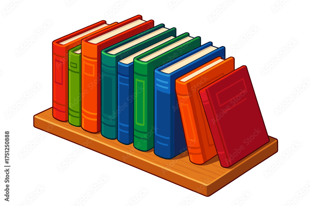 Naklejka premium Colorful Bookshelf Illustration. Isometric vector illustration set Bookshelf with Novels: wooden shelf holding books of various