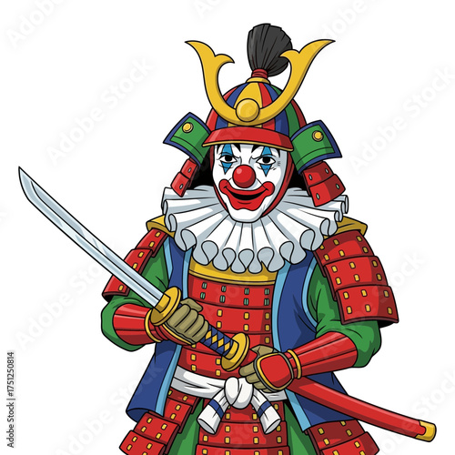 Vector art of samurai clown with a sword a bizarre and humorous fusion of japanese warrior and circus performer