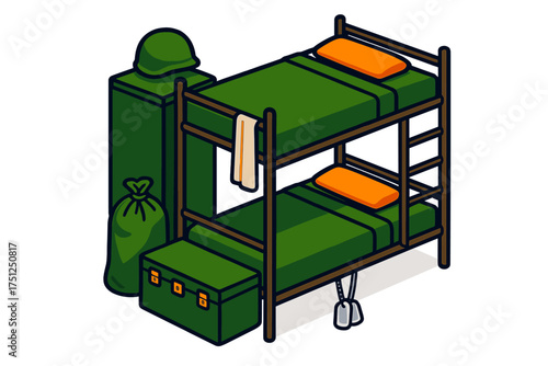 Soldier Quarters Icons. Isometric vector illustration set Soldier Sleeping Quarters: bunk bed against wall, green metal footlocker