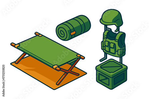 Field Barracks Essentials. Isometric vector illustration set Field Barracks Setup: temporary cot-style bunk, soft footlocker crate