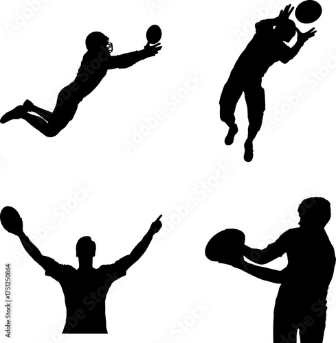 Vector art of four black silhouettes of american football players in action