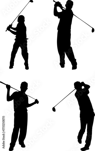 Vector art of four black silhouettes of golfers swinging clubs