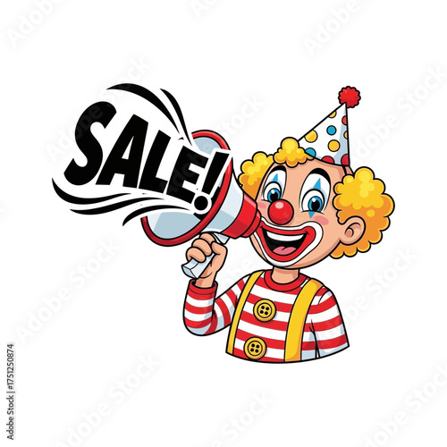 Vector art of a cheerful clown with a party hat announces a sale through a megaphone, a fun and colorful design