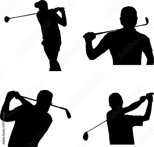 Vector art of set of four black silhouettes of golfers in various poses
