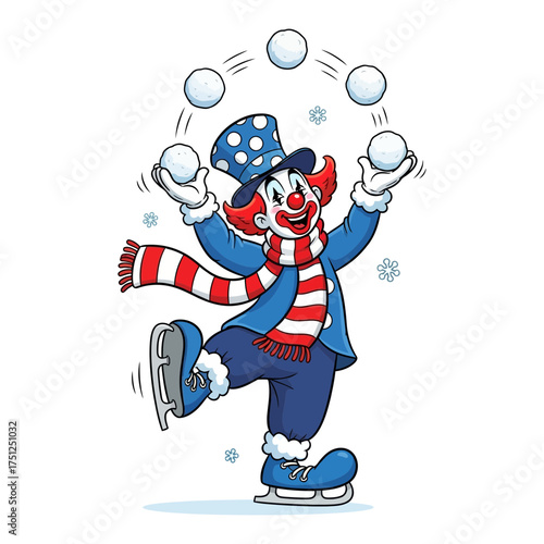 Vector art of cartoon clown juggling snowballs while ice skating a whimsical and festive winter illustration