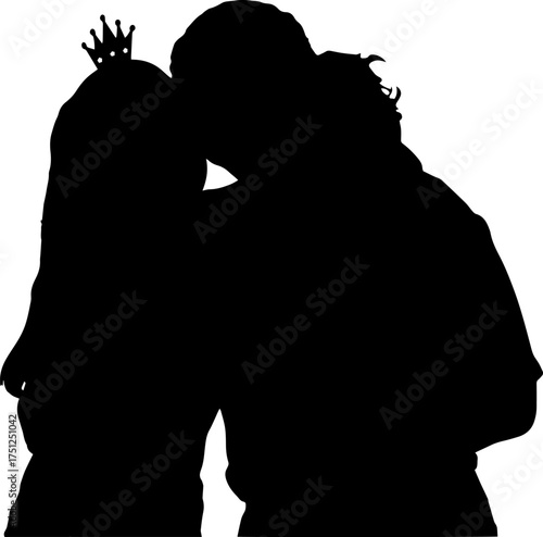 Vector art of silhouette of a couple kissing with a crown on the womans head