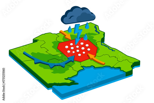 Hailstorm Zone Map. Isometric vector illustration set Weather Map with Hail Zone: regional map with highlighted hailstorm area,