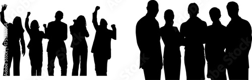 Vector art of group of people silhouettes celebrating and standing together