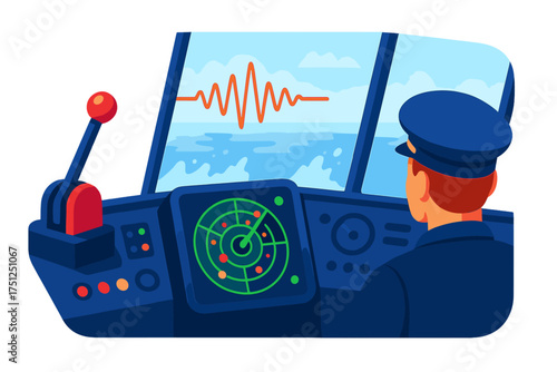 Ship Bridge View. Isometric vector illustration set Ship Bridge Warning Setup: captain's view with foghorn control lever, radar