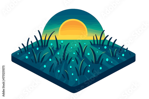 Dewy Morning Field. Isometric vector illustration set Early Morning Field Scene: open patch of grass covered in dew, low sun