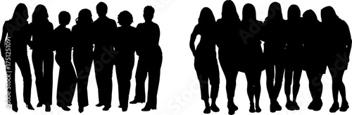 Vector art of large group of people silhouettes standing in two rows
