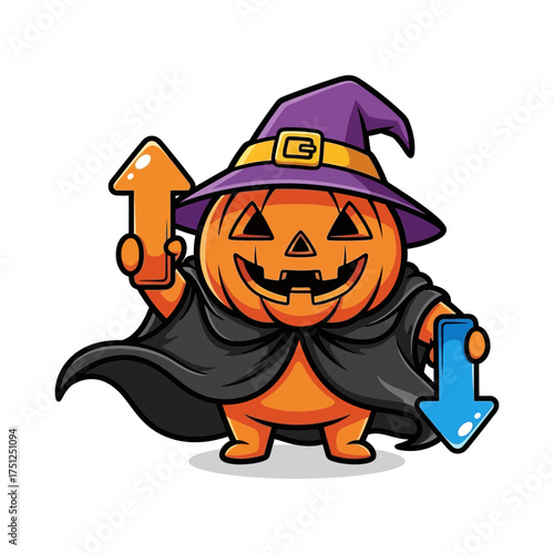 Vector art of funny pumpkin cartoon character wearing witch hat holding up and down arrow halloween illustration