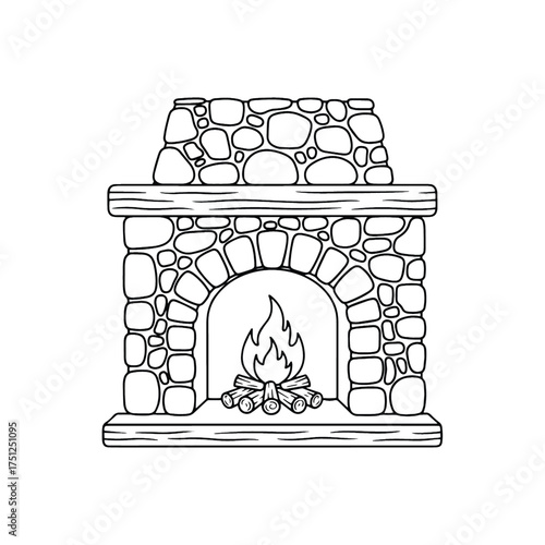 Vector art of line art drawing of a rustic stone fireplace with a burning fire inside