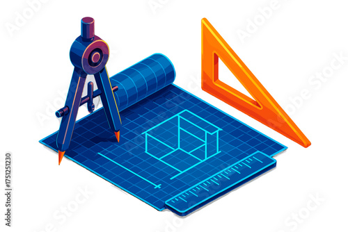 Modern Blueprint Tools. Isometric vector illustration set Modern Blueprint Tools: sleek compass with metallic finish, clear