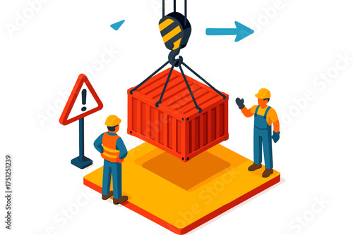 Heavy Load Lifting. Isometric vector illustration set Heavy Load Lift Scene: crane hook hoisting shipping container, base platform