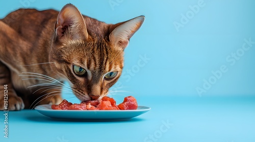 Brown Cat Eating Fresh Meat on Blue Background in Bright Setting