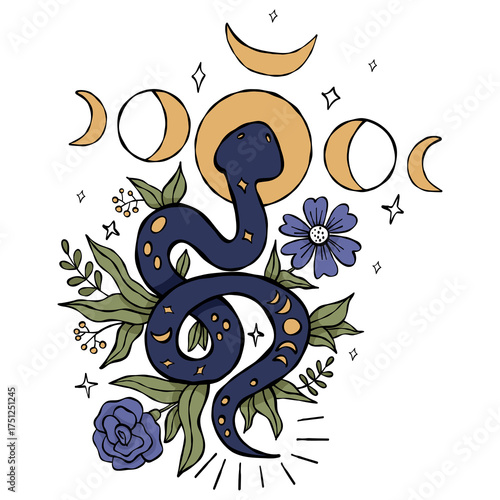 Mystical Snake with Moon Phase and Flowers. Color Textured Hand Drawn Doodle