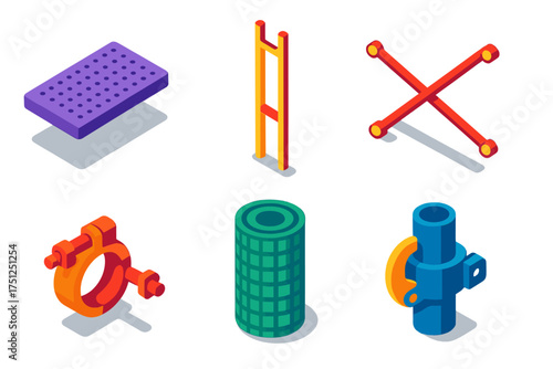 Scaffolding Components Diagram. Isometric vector illustration set Scaffolding Component Diagram: individual parts shown—platform