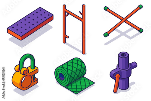 Scaffolding Components Diagram. Isometric vector illustration set Scaffolding Component Diagram: individual parts shown—platform