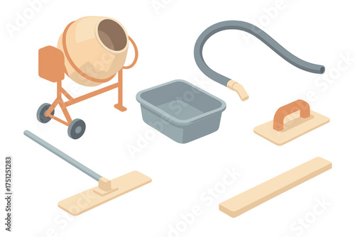 Cement Pouring Tools. Isometric vector illustration set Cement Pouring Tools and Equipment: concrete mixer drum, flexible hose,