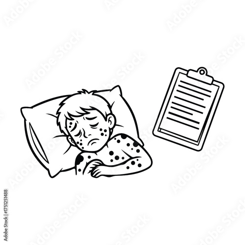 Vector art of sick child with rash sleeping in bed, next to a medical chart