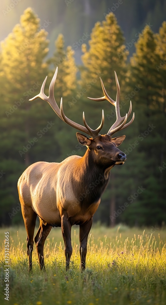 Obraz premium Majestic Elk in a Forest Meadow at Sunset.