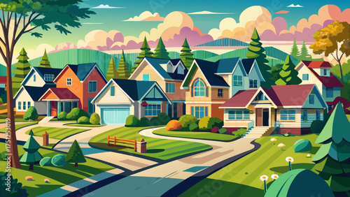 
Very beautiful suburban Virginia neighborhood with detached homes, green lawns, and tree-lined streets reflecting peaceful modern living.